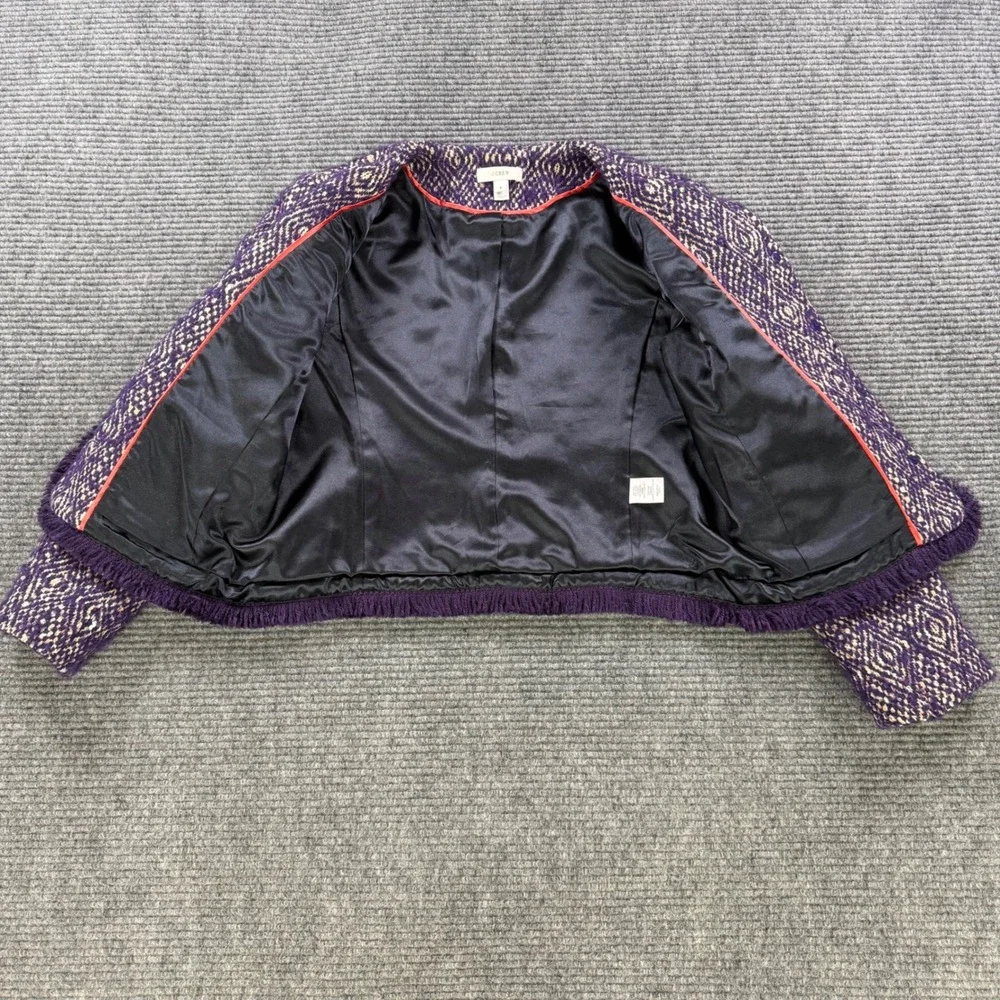 J.Crew Purple‎ Diamond Tweed Jacket Womens 6 Gold Button Fringe Trim Wool Blend - Picture 4 of 13